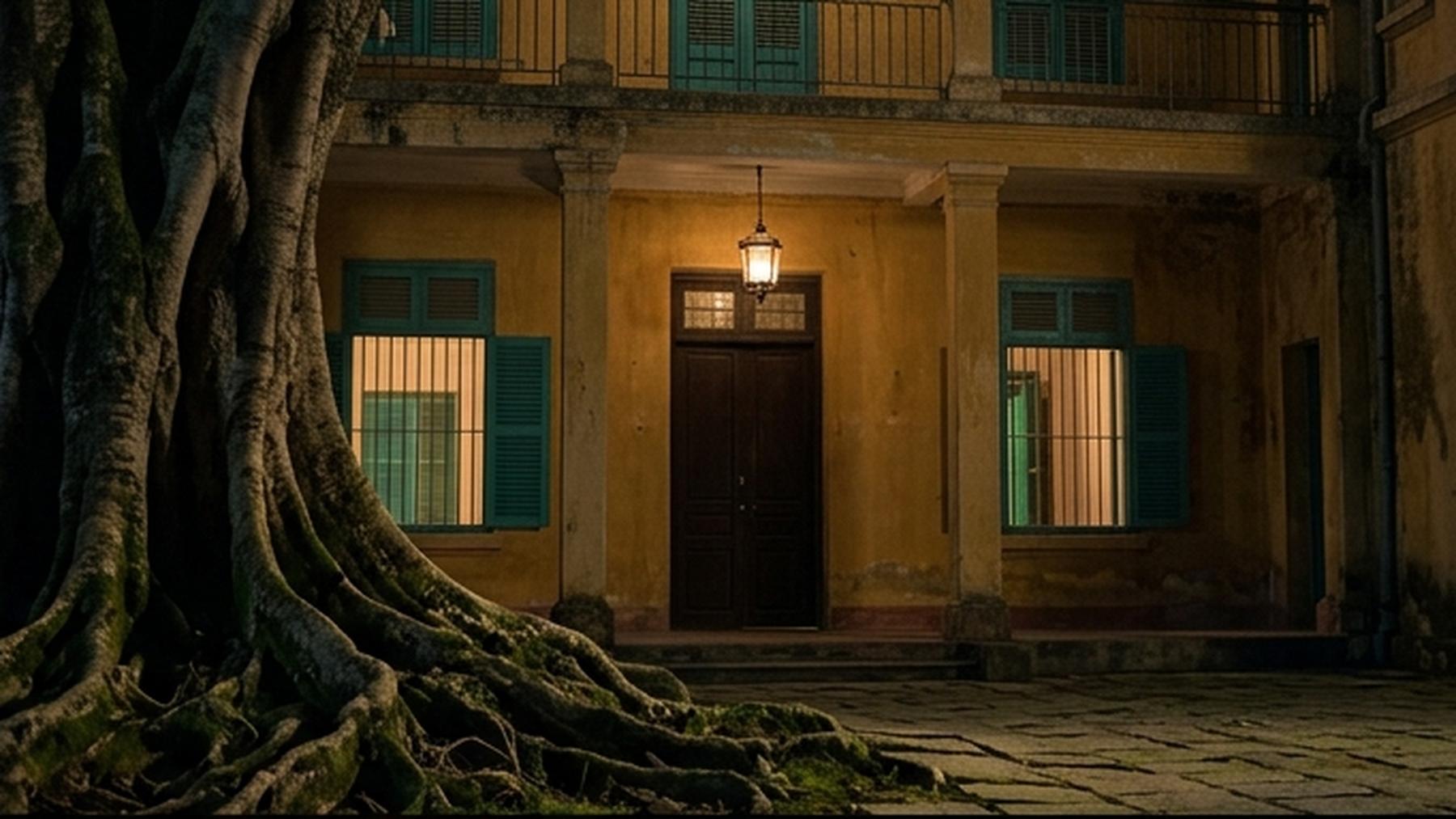 Biệt thự cổ dưới bóng cây xà cừ lúc hoàng hôn