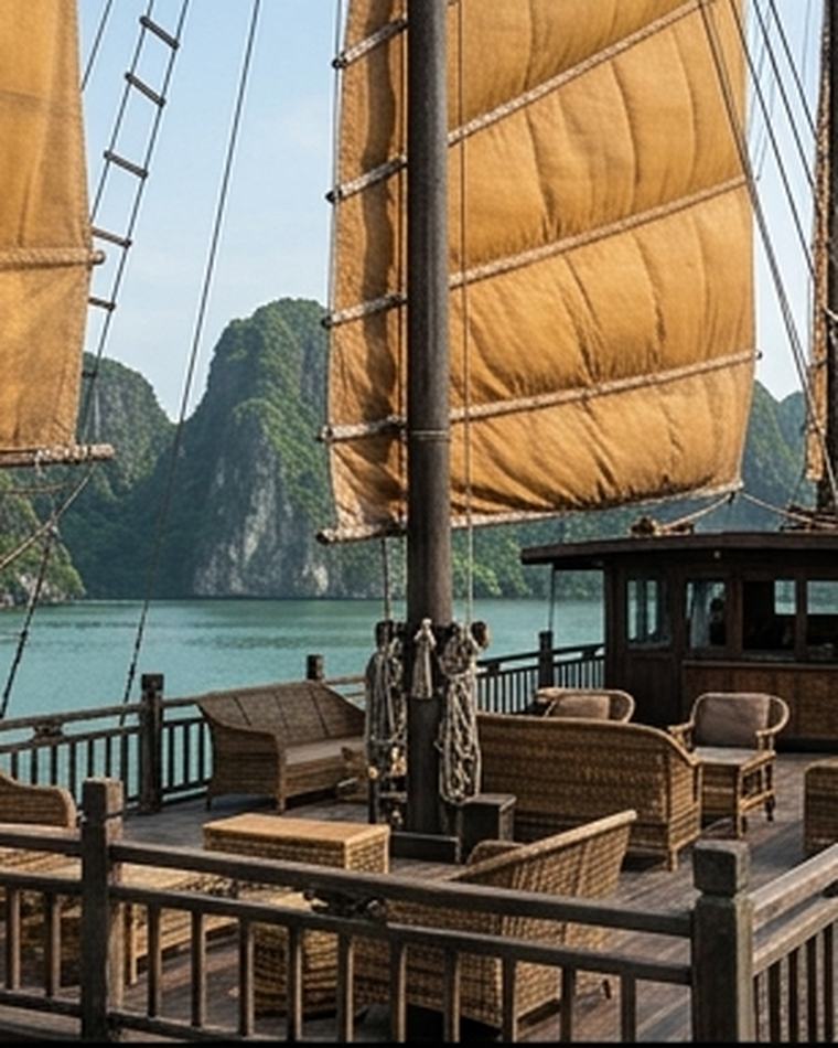 Thuyền gỗ neo trong vịnh Hạ Long