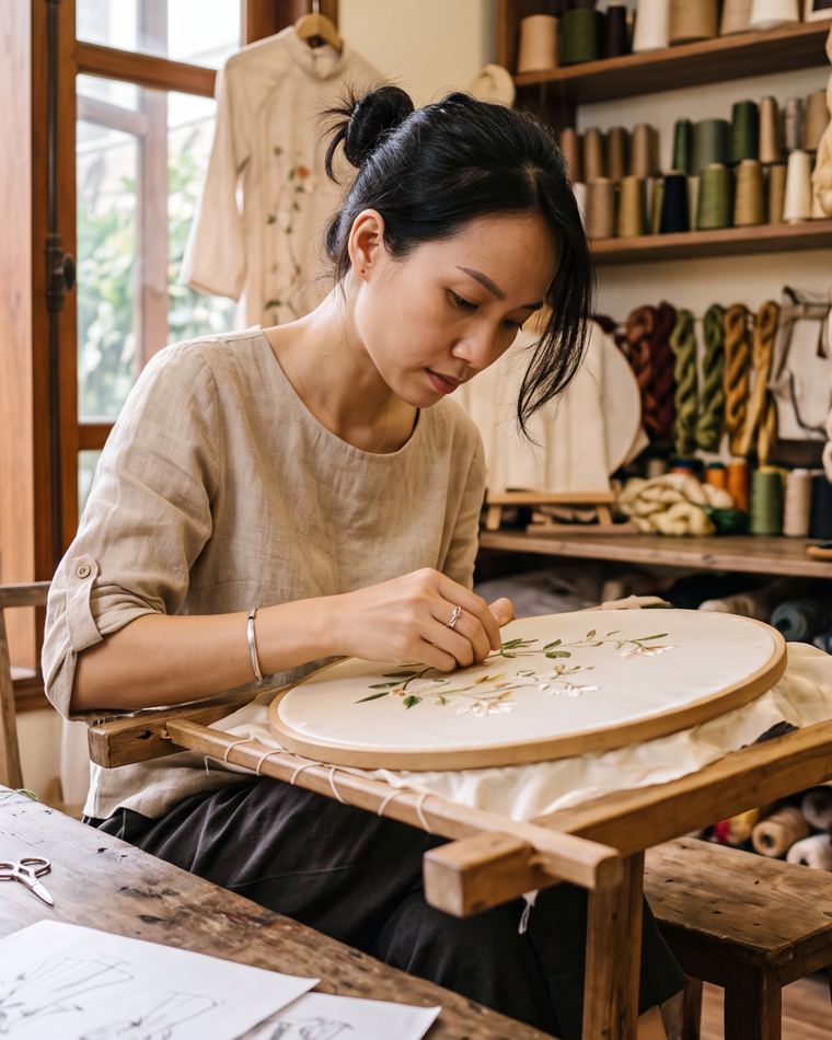 Người phụ nữ thêu lụa